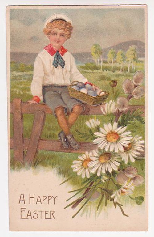 Vintage Easter Greeting Card: Boy with Eggs & Daisies