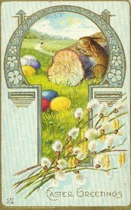 Victorian Easter Greetings Card with Rabbits & Spring Flowers