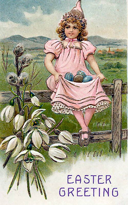 Vintage Easter Greeting Card Girl Pink Dress Snowdrops