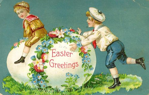 Victorian Easter Greetings Card with Children & Giant Egg