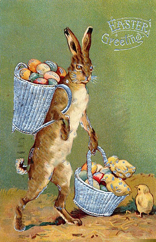 Vintage Easter Greeting Card: Anthropomorphic Rabbit with Egg Baskets