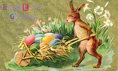 Vintage Easter Greeting Card with Bunny Wheelbarrow