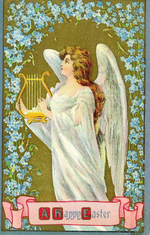 Vintage Easter Angel Greeting Card with Lyre & Forget-Me-Nots