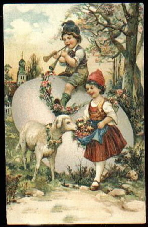 Victorian Children Feed Goat Vintage Greeting Card