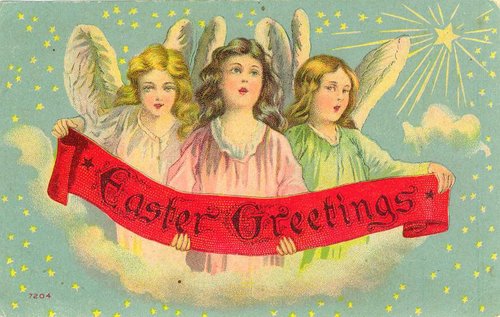 Vintage Easter Greetings Angels Lithograph Card Early 1900s