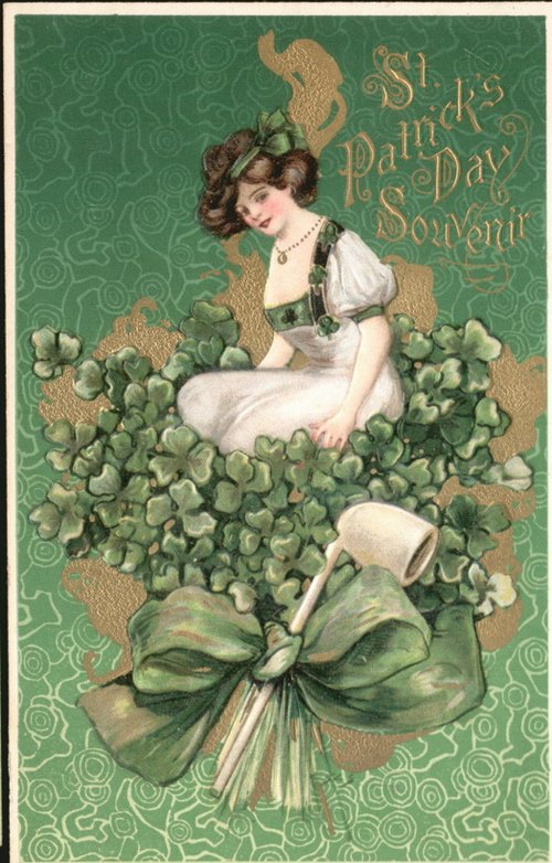 St. Patrick's Day Luck Vintage Greeting Card with Woman & Shamrocks