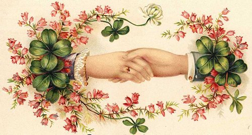 Victorian Handshake Greeting Card with Shamrocks & Pink Flowers