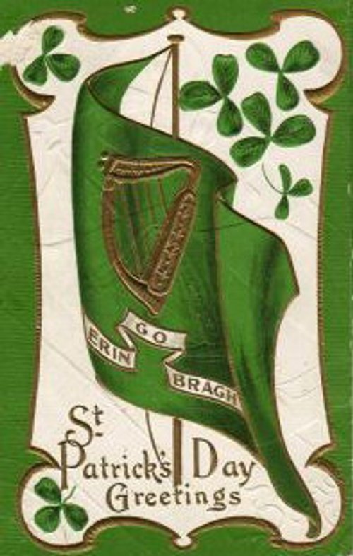 Vintage St. Patrick's Day Greeting Card - Green Harp & Shamrocks