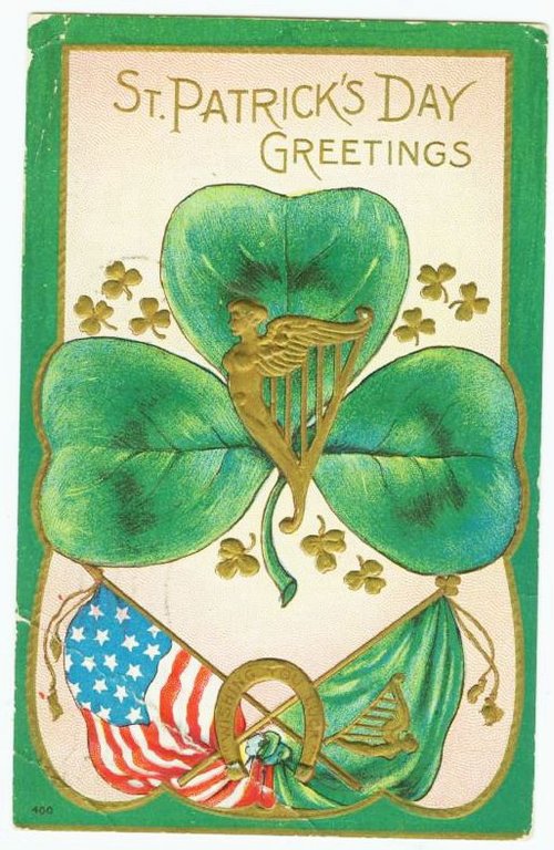 Vintage St. Patrick's Day Greeting Card with Shamrock & Harp