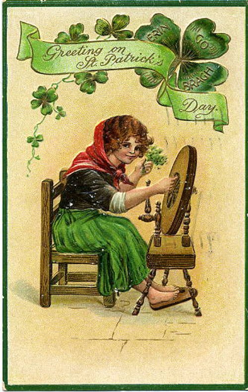Victorian St. Patrick's Day Greeting Card with Woman at Spinning Wheel