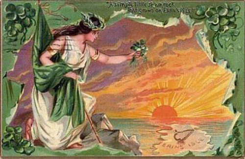 Victorian Irish Allegorical Figure with Shamrock St. Patrick's Day Greeting Card Art Nouveau