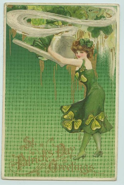 Art Nouveau Woman Shamrock Dress Green St. Patrick's Day Vintage Greeting Card