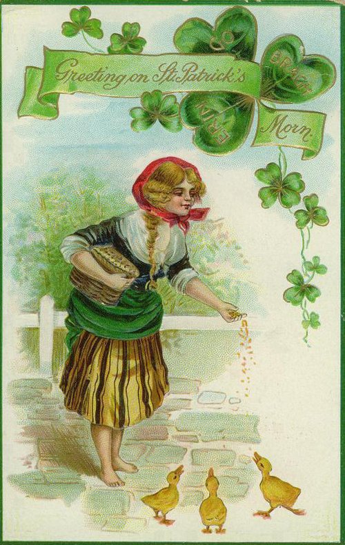 Victorian St. Patrick's Day Greeting Card - Irish Girl with Shamrocks