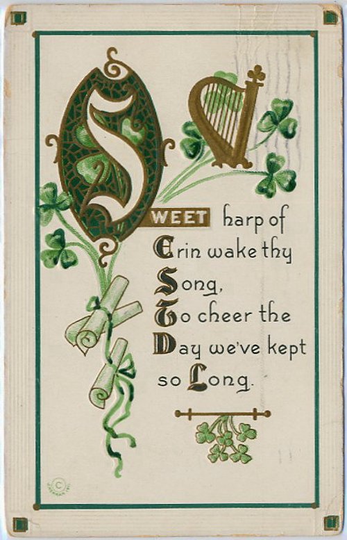 Irish Harp & Shamrock St. Patrick's Day Greeting Card, Art Nouveau Era
