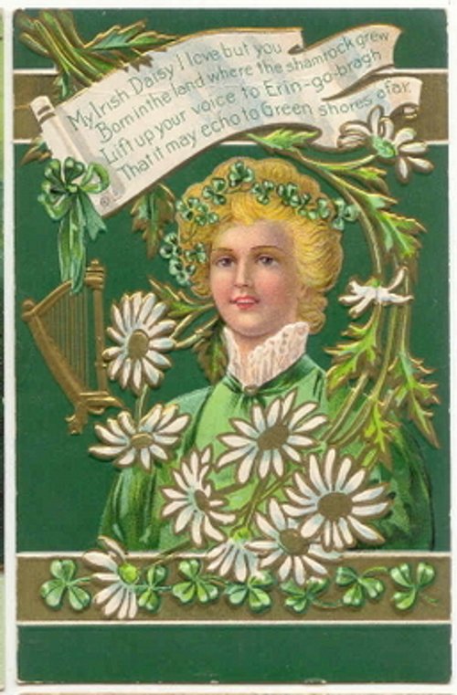 Victorian Blonde Girl Daisies Green Vintage Greeting Card
