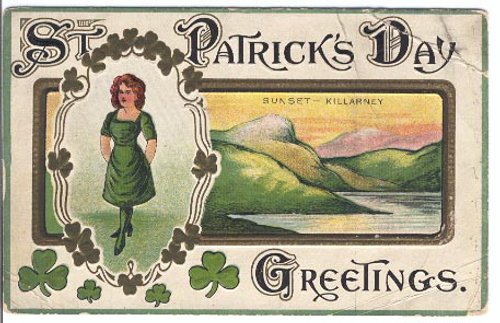St. Patrick's Day Greetings Card with Irish Maiden & Killarney Sunset
