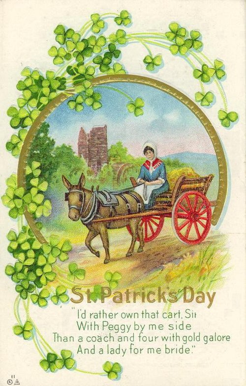 Vintage St. Patrick's Day Card with Donkey Cart Scene, Early 1900s