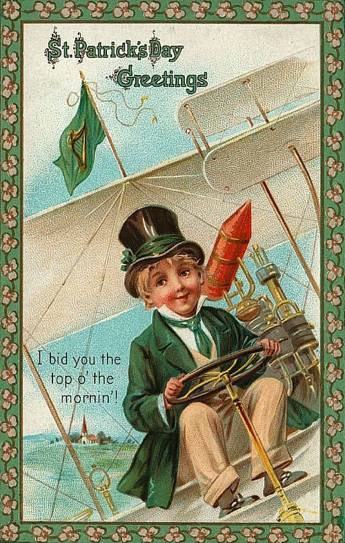 Vintage St. Patrick's Day Greeting Card with Leprechaun and Biplane