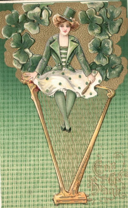 Vintage St. Patrick's Day Greeting Card with Shamrocks and Harp
