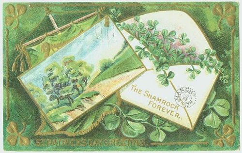 Vintage St. Patrick's Day Greeting Card with Shamrock & Landscape