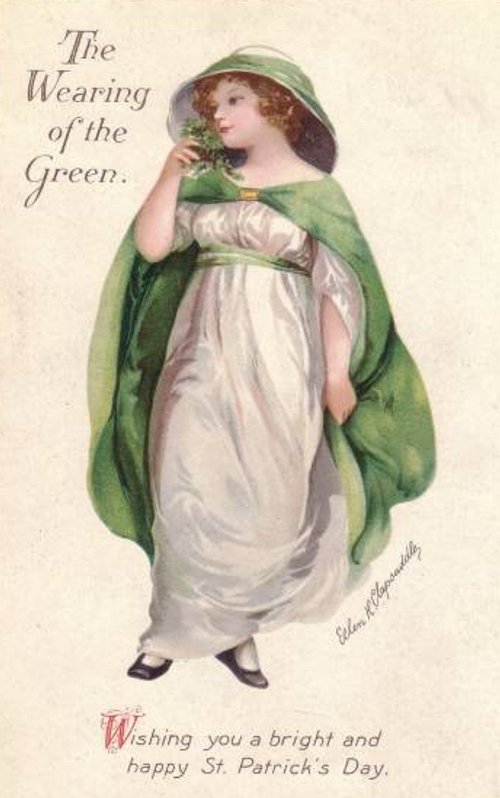 Vintage St. Patrick's Day Greeting Card Green Cloak Woman