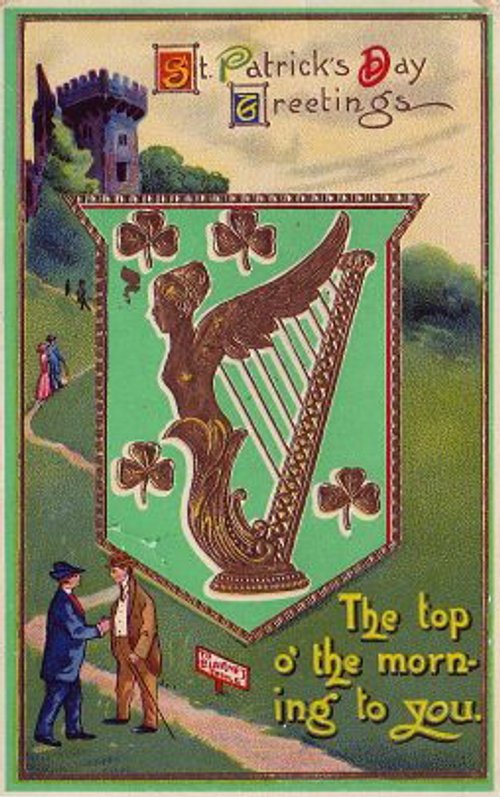 Vintage St. Patrick's Day Greeting Card with Harp & Shamrocks
