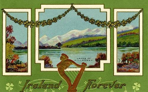 Ireland Forever Victorian Greeting Card with Harp & Mountain Lake