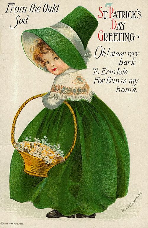 Vintage St. Patrick's Day Card: Irish Girl in Green Cloak with Shamrocks