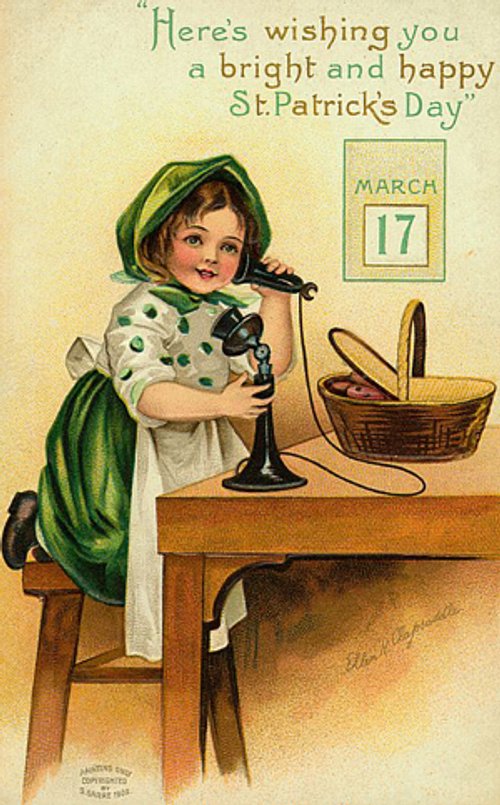 Vintage St. Patrick's Day Greeting Card with Child & Telephone