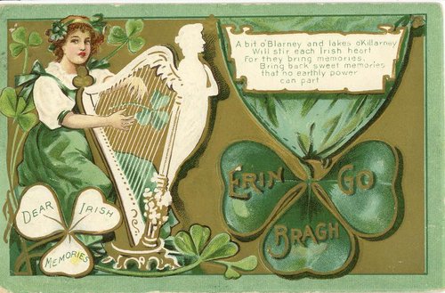 Victorian Irish St. Patrick's Day Greeting Card with Harp Player