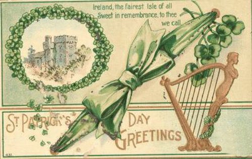 Vintage St. Patrick's Day Greeting Card with Irish Castle & Shamrocks