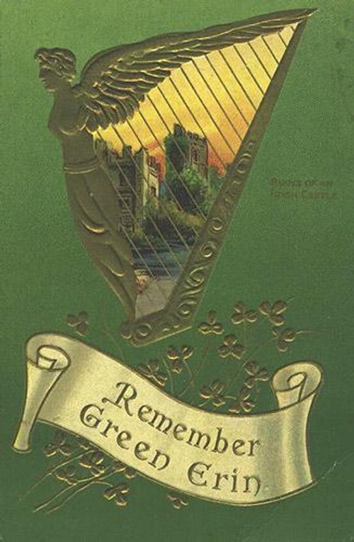 Vintage Irish Harp Greeting Card Remember Green Erin Victorian