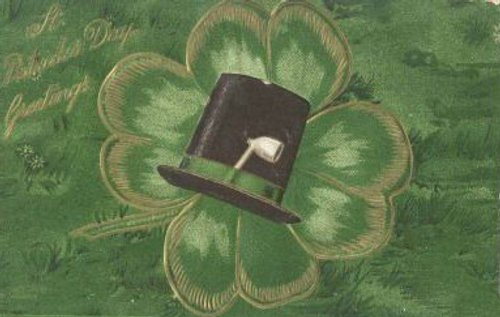 Vintage St. Patrick's Day Greeting Card with Top Hat, Pipe & Four-Leaf Clover