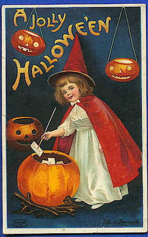 Jolly Halloween Vintage Greeting Card - Child Witch with Jack-o'-Lanterns