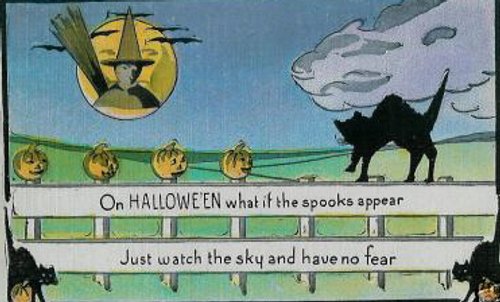 Vintage Halloween Greeting Card with Black Cats and Spooky Sky