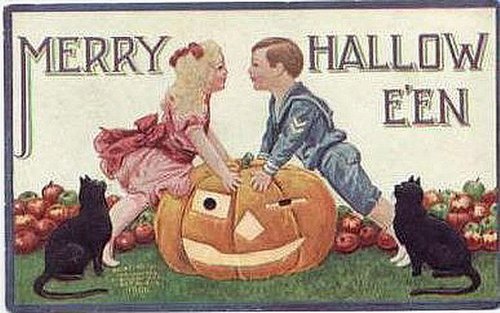 Merry Halloween Vintage Greeting Card with Children & Jack-o-Lantern