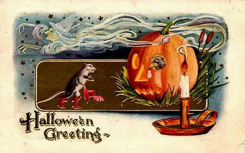 Vintage Halloween Greeting Card with Pumpkin & Rat