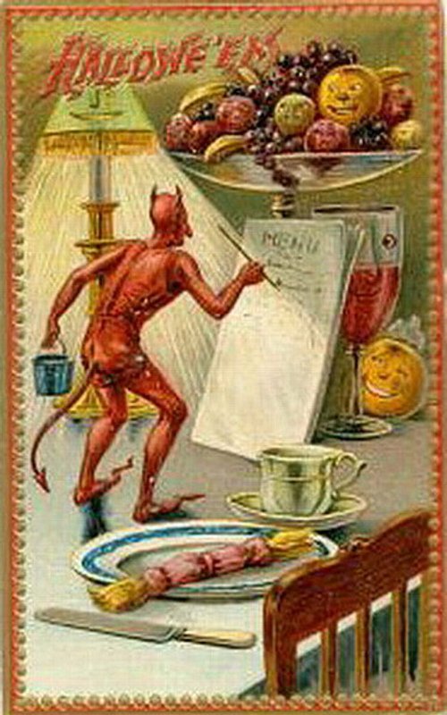 Halloween Vintage Greeting Card with Devil & Fruit Bowl