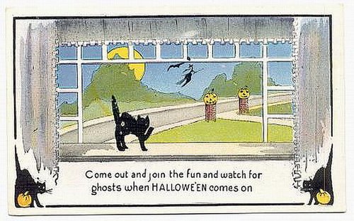 Vintage Halloween Greeting Card Black Cat Window Scene