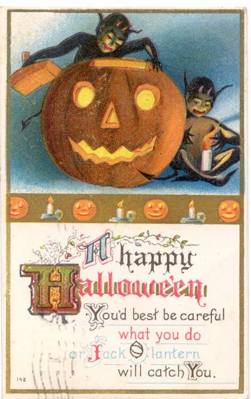 Vintage Halloween Greeting Card with Jack O'Lantern & Mischievous Devils