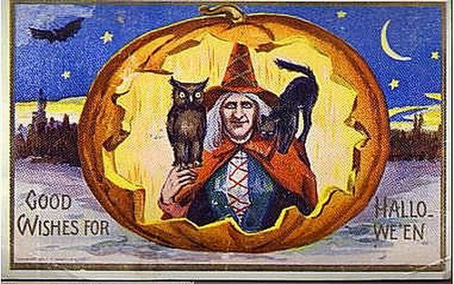 Vintage Halloween Greeting Card Witch Pumpkin Good Wishes
