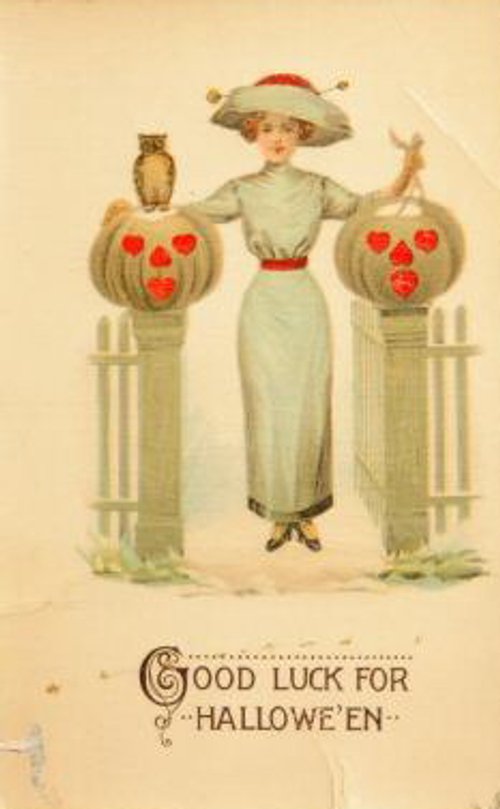 Edwardian Halloween Greeting Card with Woman and Jack-o'-Lanterns
