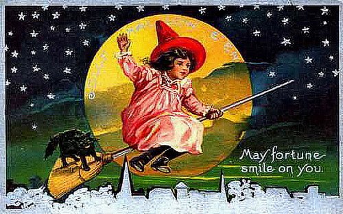 Vintage New Year Witch on Broomstick Moon Greeting Card
