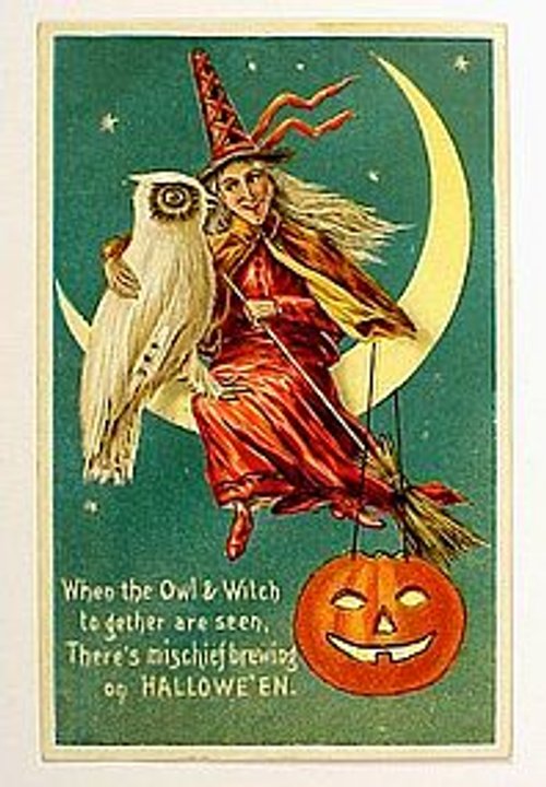 Vintage Halloween Greeting Card Witch Owl Moon Jack O'Lantern