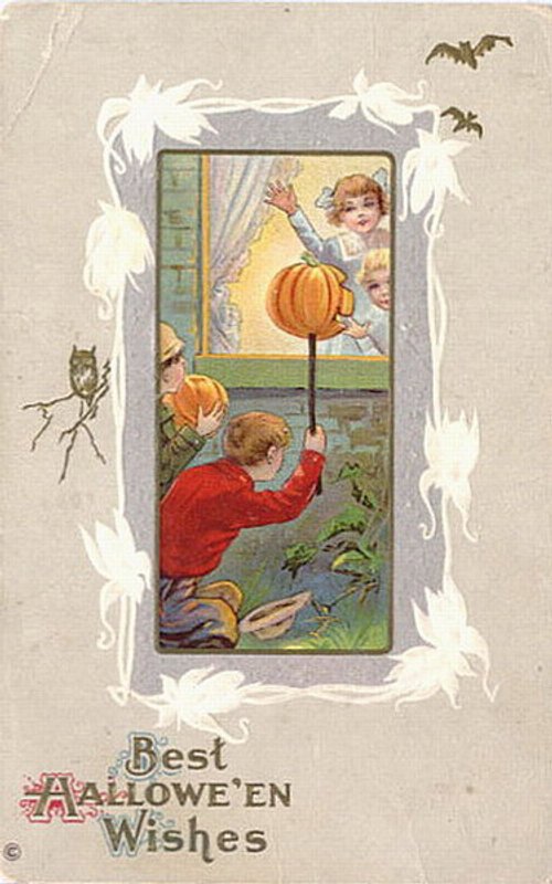 Vintage Halloween Greeting Card - Children Jack-O'-Lantern Window Scene