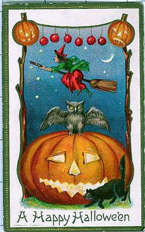Vintage Halloween Greeting Card Jack O'Lantern Witch Owl 1900s