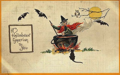 Vintage Halloween Greeting Card with Witch & Cauldron, Early 1900s