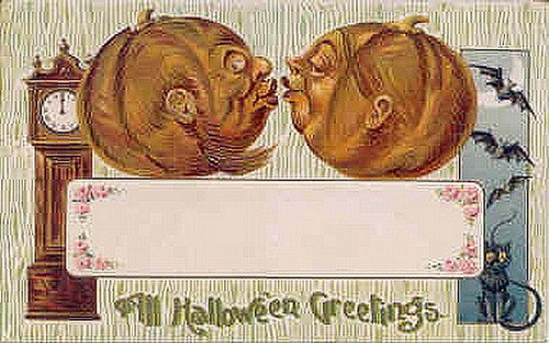 Halloween Greeting Card with Anthropomorphic Pumpkins
