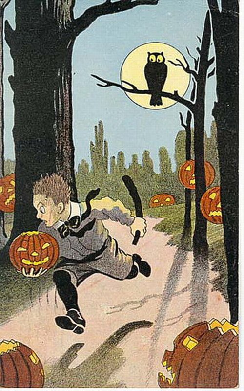 Vintage 1920s Halloween Greeting Card with Boy & Jack-O-Lanterns