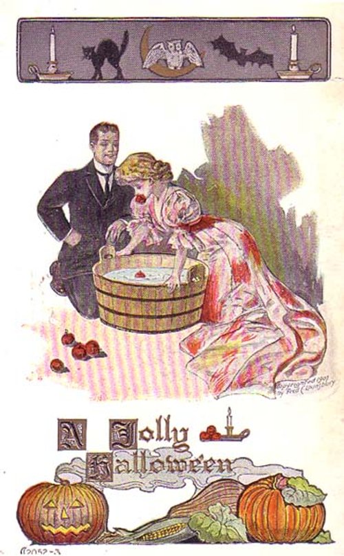 A Jolly Halloween Vintage Greeting Card - Early 1900s Apple Bobbing & Pumpkins
